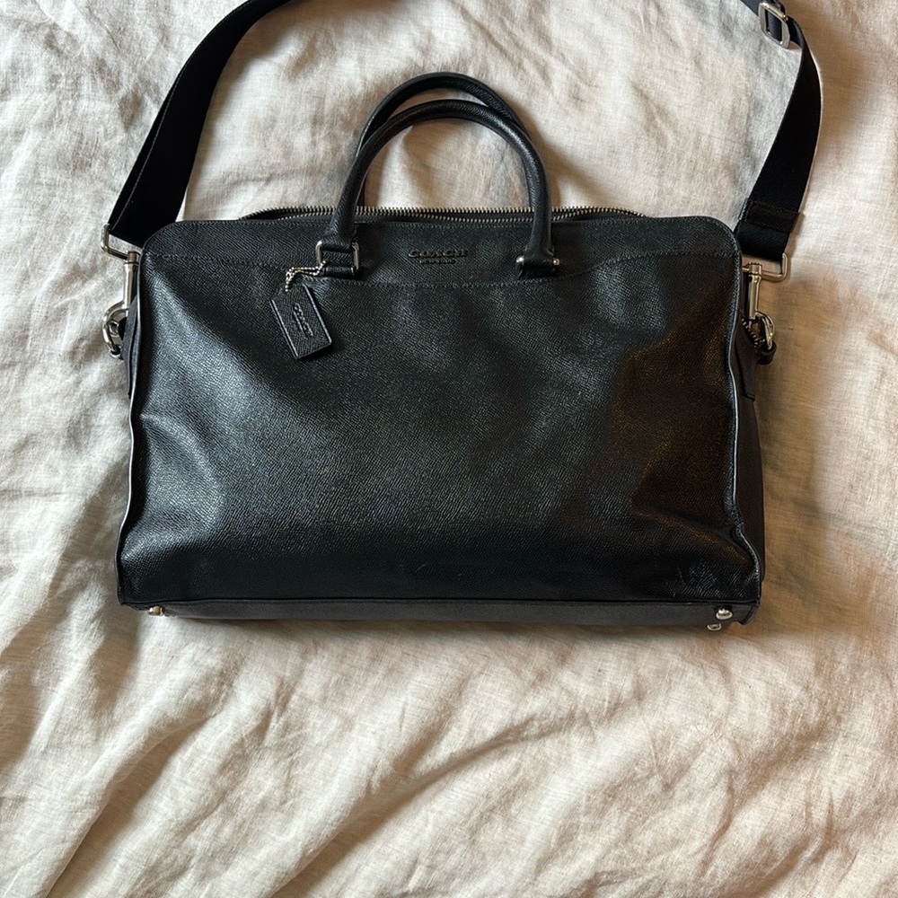 Coach Black Leather Briefcase with Adjustable Strap